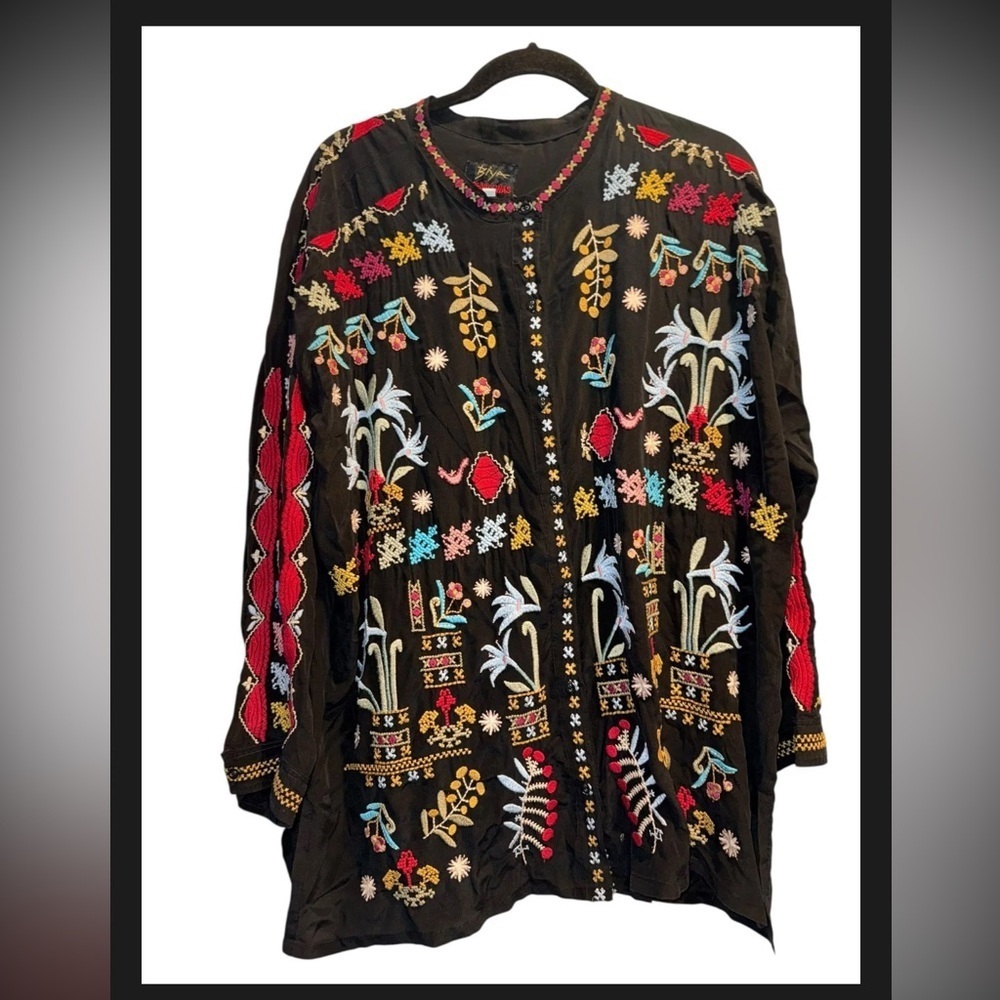 Johnny Was Silk Embroidered Boho Tunic Blouse Shacket Kimono - Picture 4 of 15